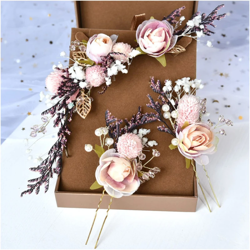 

Dry Lace princess flower Hair Pinch Fairy Bride Mori Headdress Dry Flower Lace Princess Flower Hair Sticks Headband Set