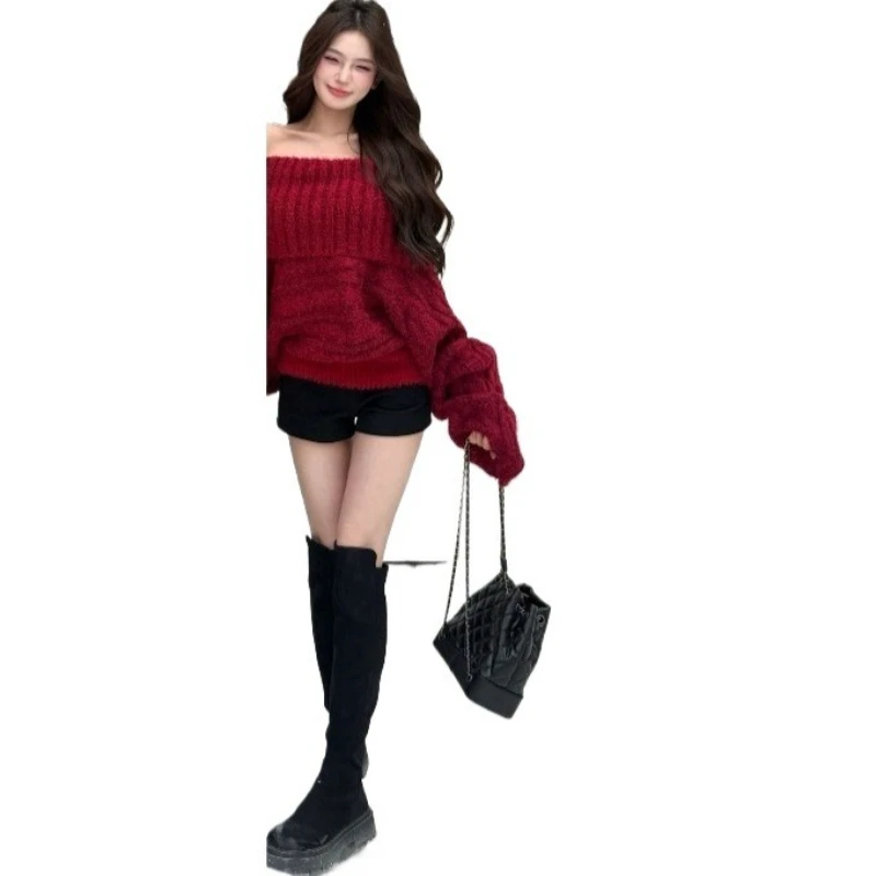

Thickened Design Twist One-line Loose Foreign Style New Long-sleeved Autumn Winter Lazy Knitwear Lovers High-end Lapel Sweater