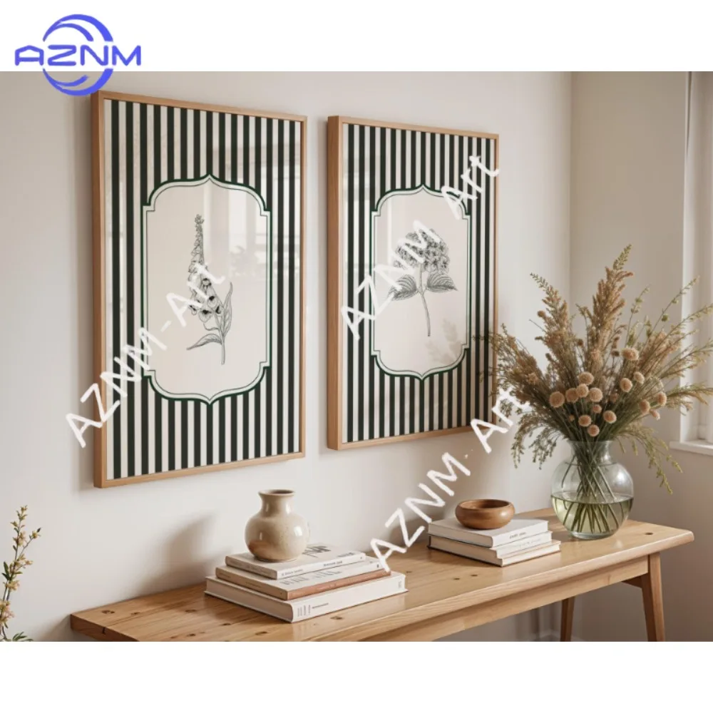 1/2 Stück dunkelgrün gestreifte, minimalistische Vintage-Blumen-Wandkunst-Leinwandposter und Drucke: Botanische Dekoration im Cottage-Stil