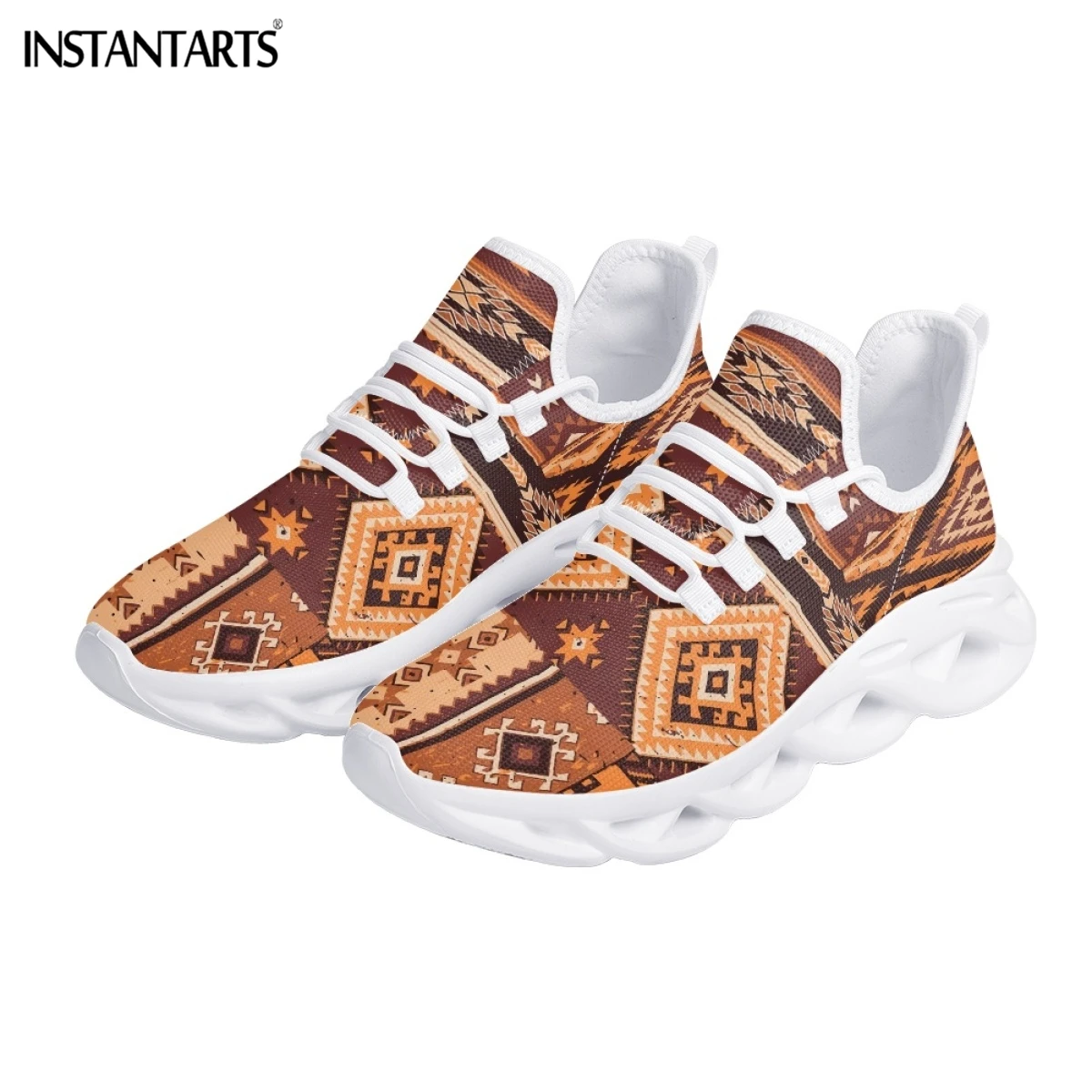 Fashion Tribal Sneakers Casual Lace Up Platform Shoes Ethnic American Traditional Print Mesh Knit Shoes For Women