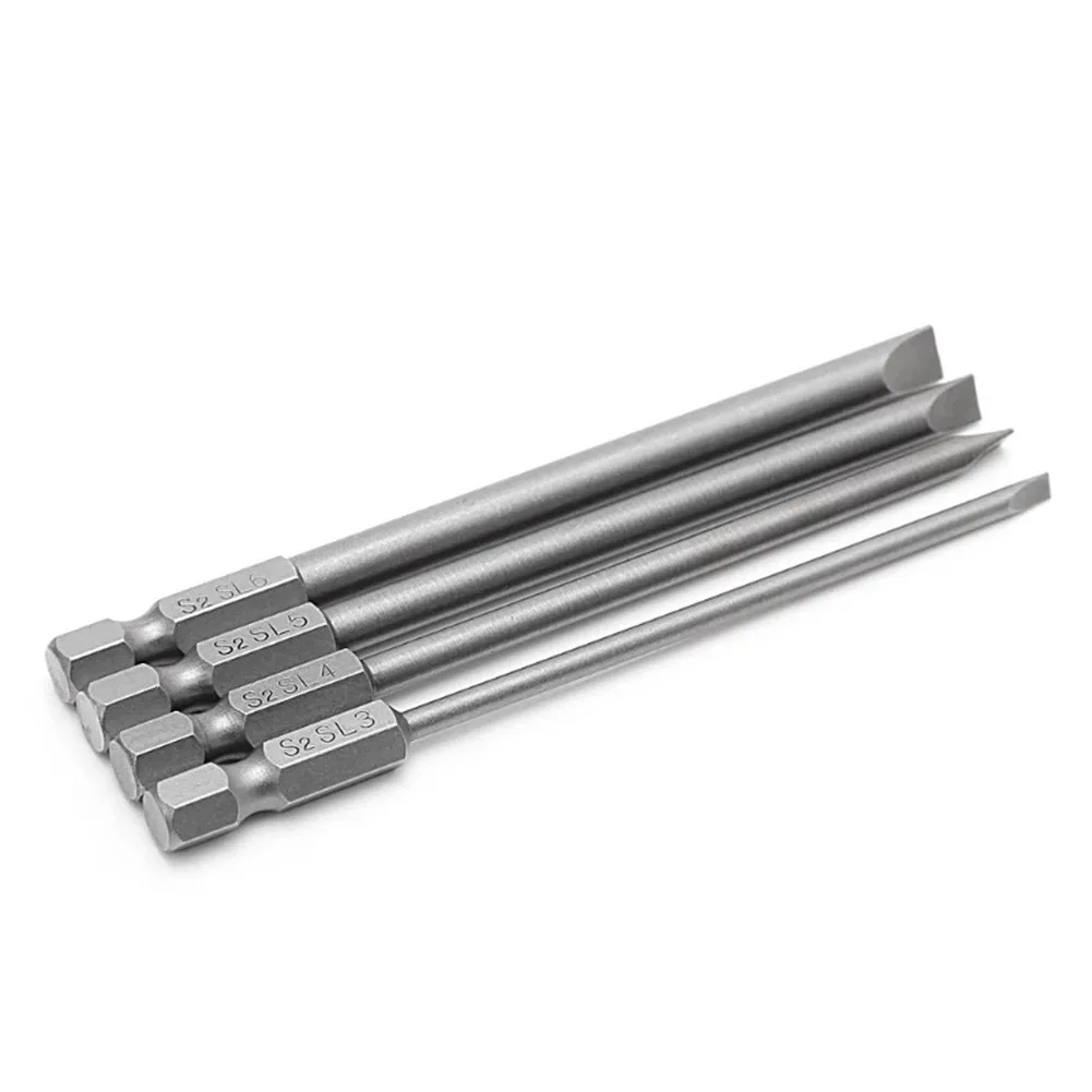 4Pcs 100mm Slotted Screwdriver Bit S2 Alloy Steel Magnetic Screwdriver Drill Bit Set 1/4\