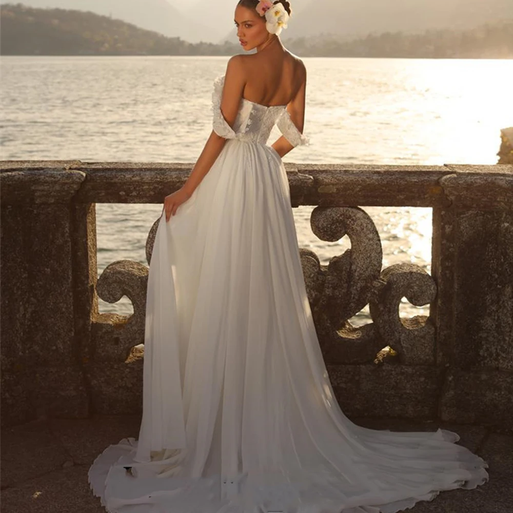 Vestido de casamento de renda chiffon, uma linha, fora do ombro, sexy, divisão, vestidos de casamento, personalizar para medir, praia, 2023