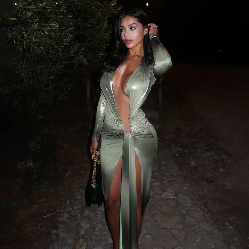 Frauen Sexy Gradient Shiny Vergoldung Band Asymmetrische Party Kleid Tiefem V-ausschnitt Langarm Geraffte Bodycon Midi Kleider Clubwear