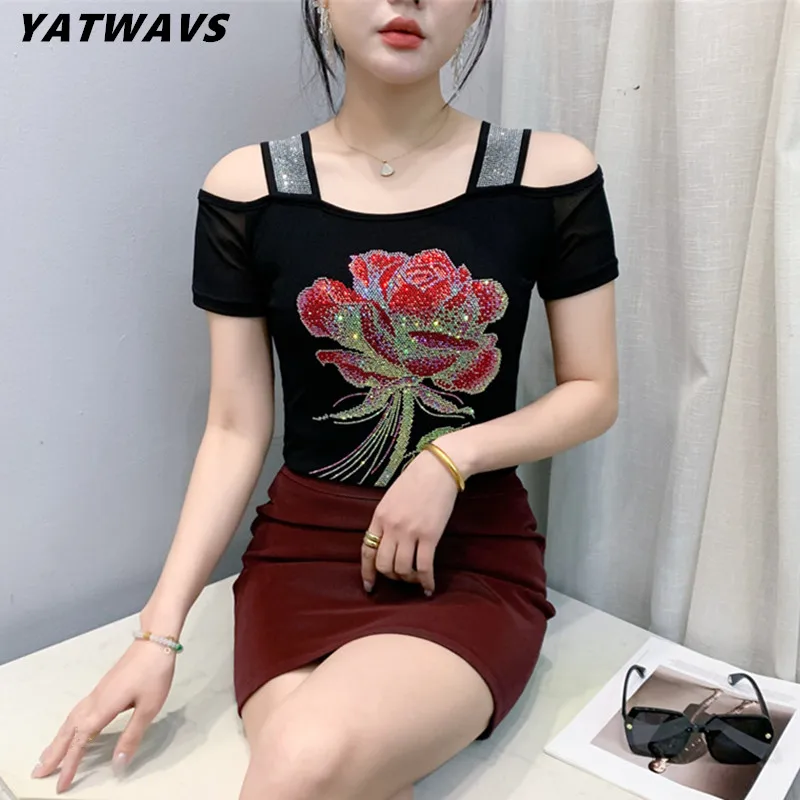 Streetwear Girl Summer Chic Clothes Mesh T-Shirts Shiny Flower Hot Diamonds Women's Tops New Sexy Off Shoulder Short Sleeve Tees