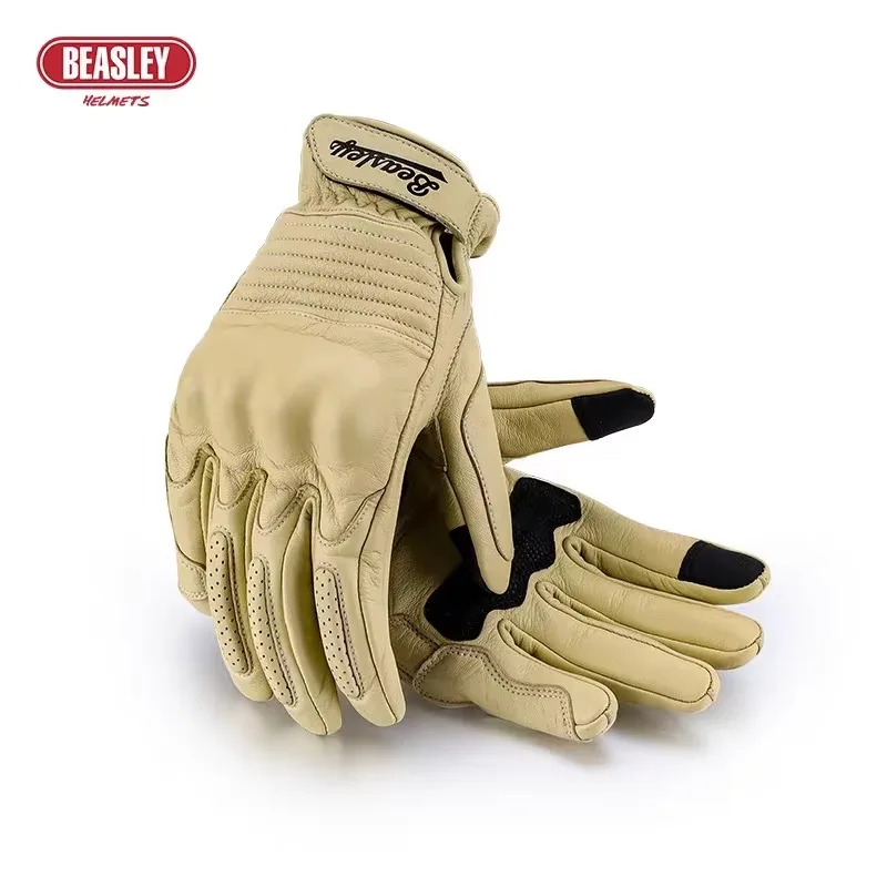 

BEASLEY Retro Sheepskin Motorcycle Gloves Men Summer Universal Touchscreen Breathable Locomotive Woman Cruise Riding Protection