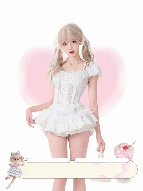 

Summer New Pure Desire White Bubble Sleeve Lace Hollow out Slimming Top with Puffy Skirt Fashionable Two-Piece Set for Women