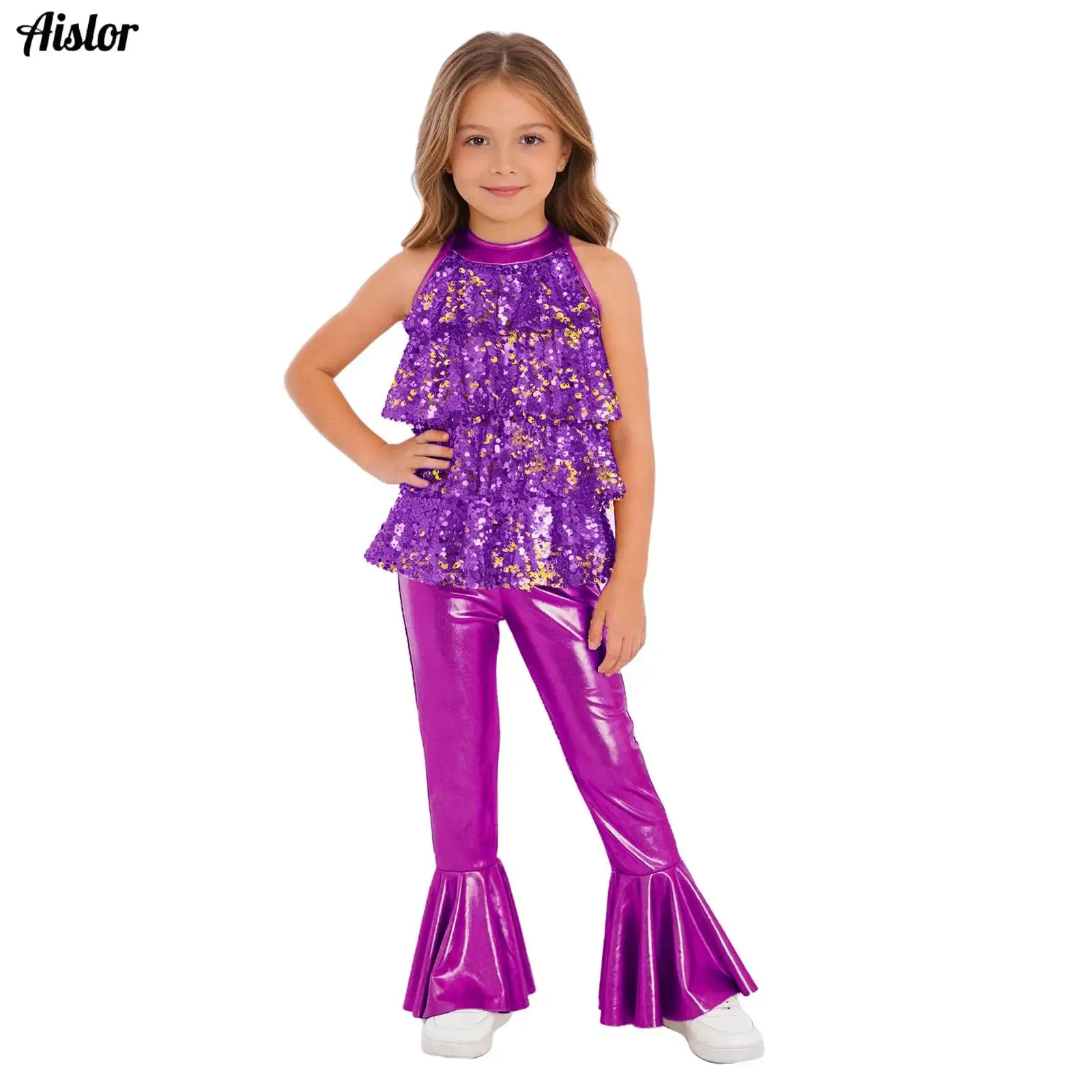 Kids Girl Metallic Disco Dance Jumpsuit Shiny Sequin Tassel Sleeveless Bell-bottoms Bodysuit Hip Hop Jazz Party Performance Wear