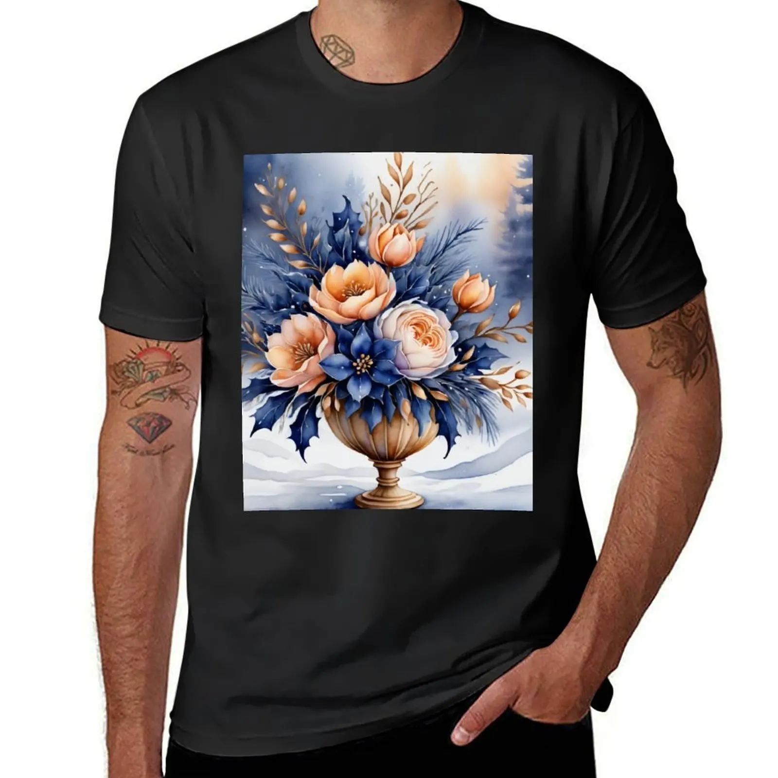 Delightful watercolor winter scene fantasy winter bouquet in midnight blue apricot. T-Shirt