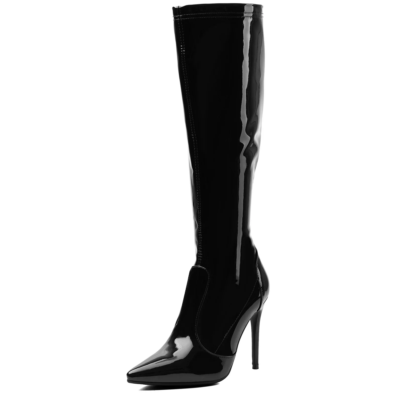 Ronticool Women Pointed Toe Knee High Boots Glossy Patent Leather Slim Stiletto High Heels Side Zipper Nightclub Ladies Boots