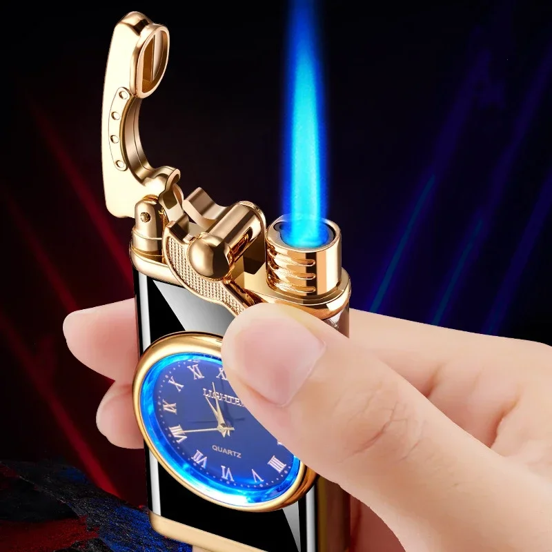 2024 Creative Quartz Watch Windproof Lighter Metal Blue Light Butane Flame Rocker Lighter Gift For Men