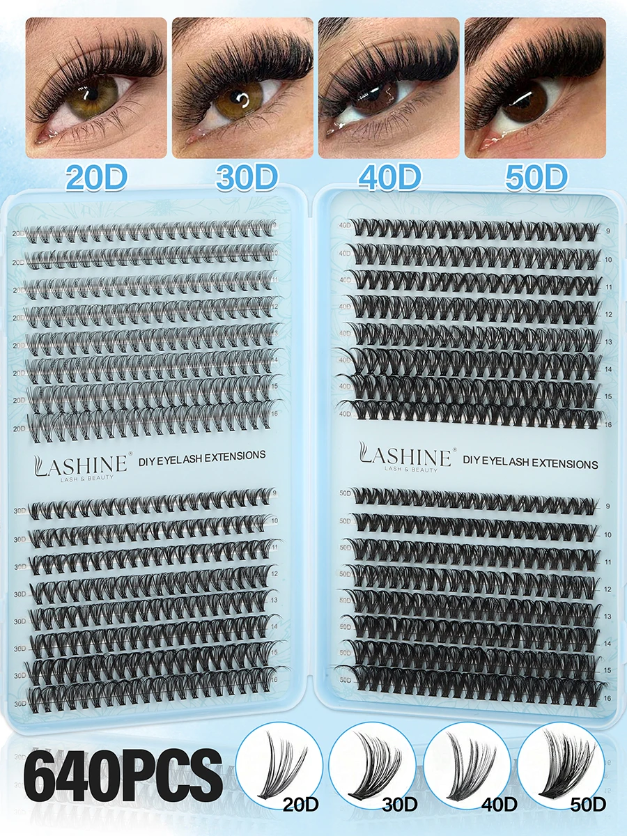 LASHINE 640PCS Lash Clusters 20D 30D 40D 50D Volume Eyelash Extensions 0.07D Mixed Length 9-16MM Soft Natural Wispy Individual