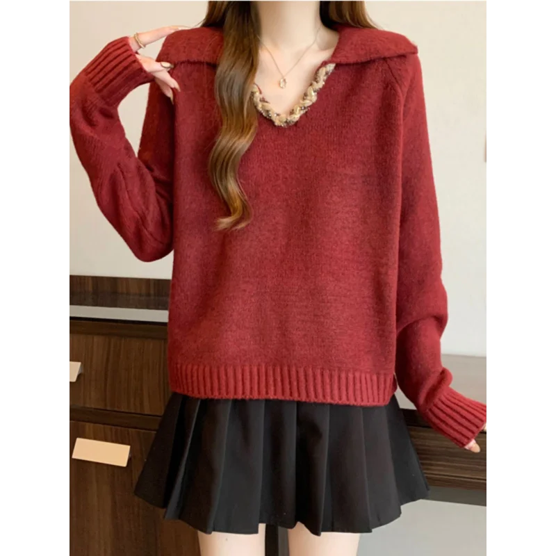 Encore Red Contrast Lapel Pullover Sweater for Women in Autumn and Winter Fashionable and Loose Top