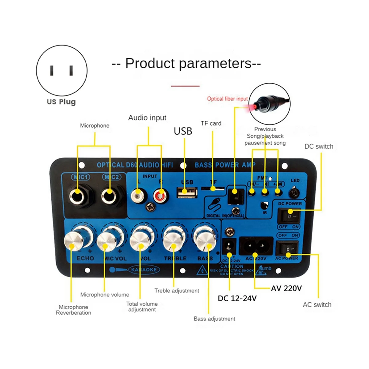 D60 50W Subwoofer Power Amplifier Board with Optical Audio 12V24V220V Bluetooth Audio Amplifier Board for Audio US Plug