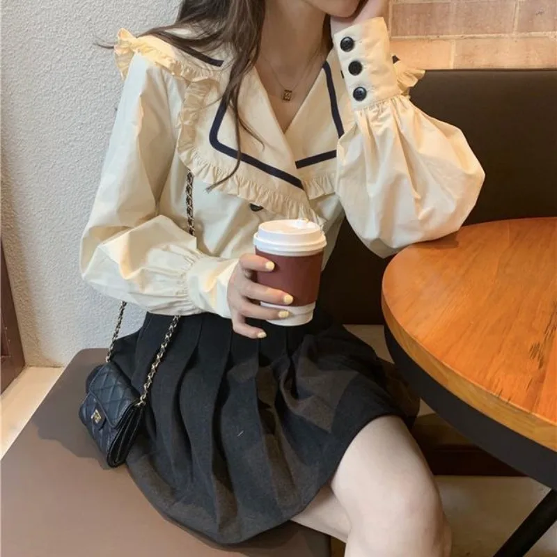 Ins Ruffled Peter Pan Collar Shirt Women All-match Korean Style Trendy Sweet Lovely Girls Streetwear Casual Students Autumn Tops