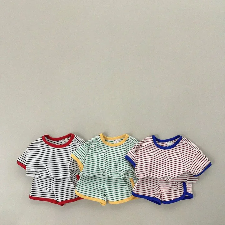 Children Clothing Set 2024 Summer New Fashionable Korean Style Cute Striped Color Matching Thin Boys and Girls Two-piece Set