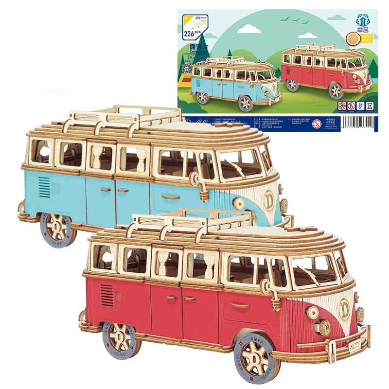 Retro otobüs avrupa tarzı Campervan 3D ahşap araba bulmaca DIY yelken gemi uçak bina ev modeli bilmecenin oyuncaklar çocuklar için