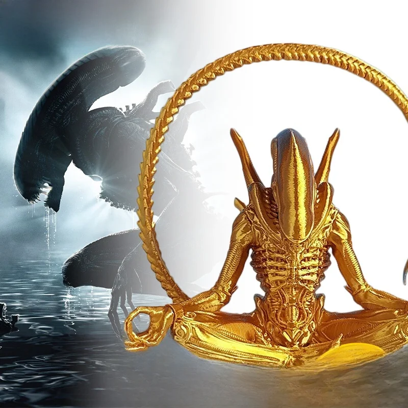 Gold Seated Alien Vs Predator Model Movie Car Decoration PVC Material Static Figure Collectible Toy for Adult Fans