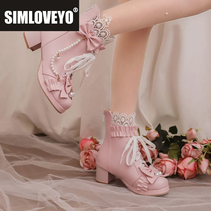 

SIMLOVEYO Женские ботильоны в стиле Лолиты на блочном каблуке 5 см на платформе 1,5 см на молнии со шнуровкой и бантом с жемчугом Sweet Bota 31 32 Розовый Белый