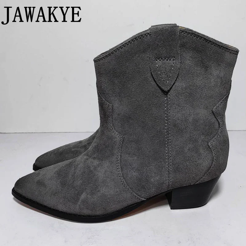 Botki damskie ze szpiczastym noskiem w stylu Vintage buty klinowe zamszowe skórzane damskie designerskie buty zachodnie Chelsea Boots Botas Mujer