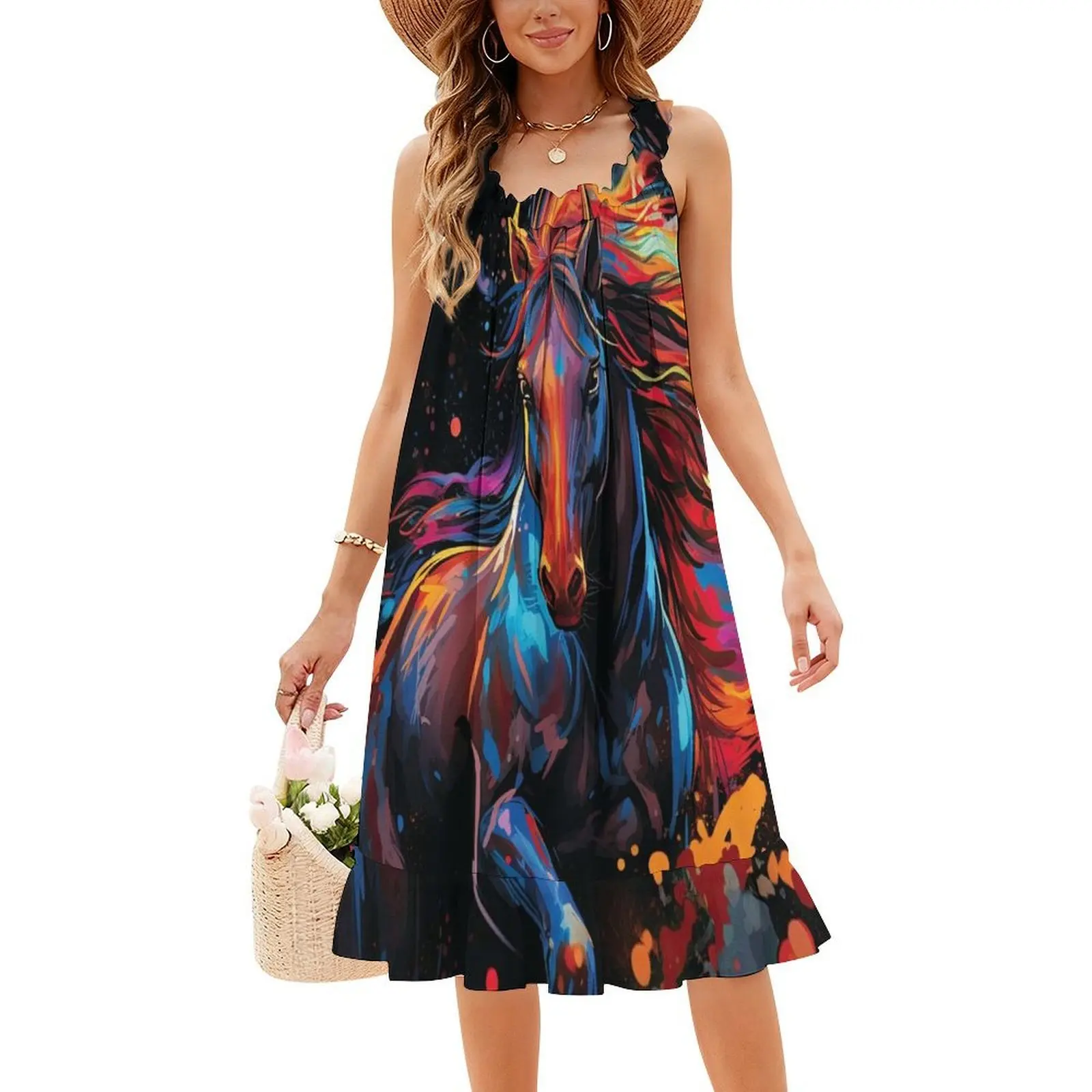 فستان بوهيمي جميل بدون أكمام، متعدد الطباعات، فستان حفلات عطلة الشاطئ، ألوان جميلة، خيول ملونة، سهرة