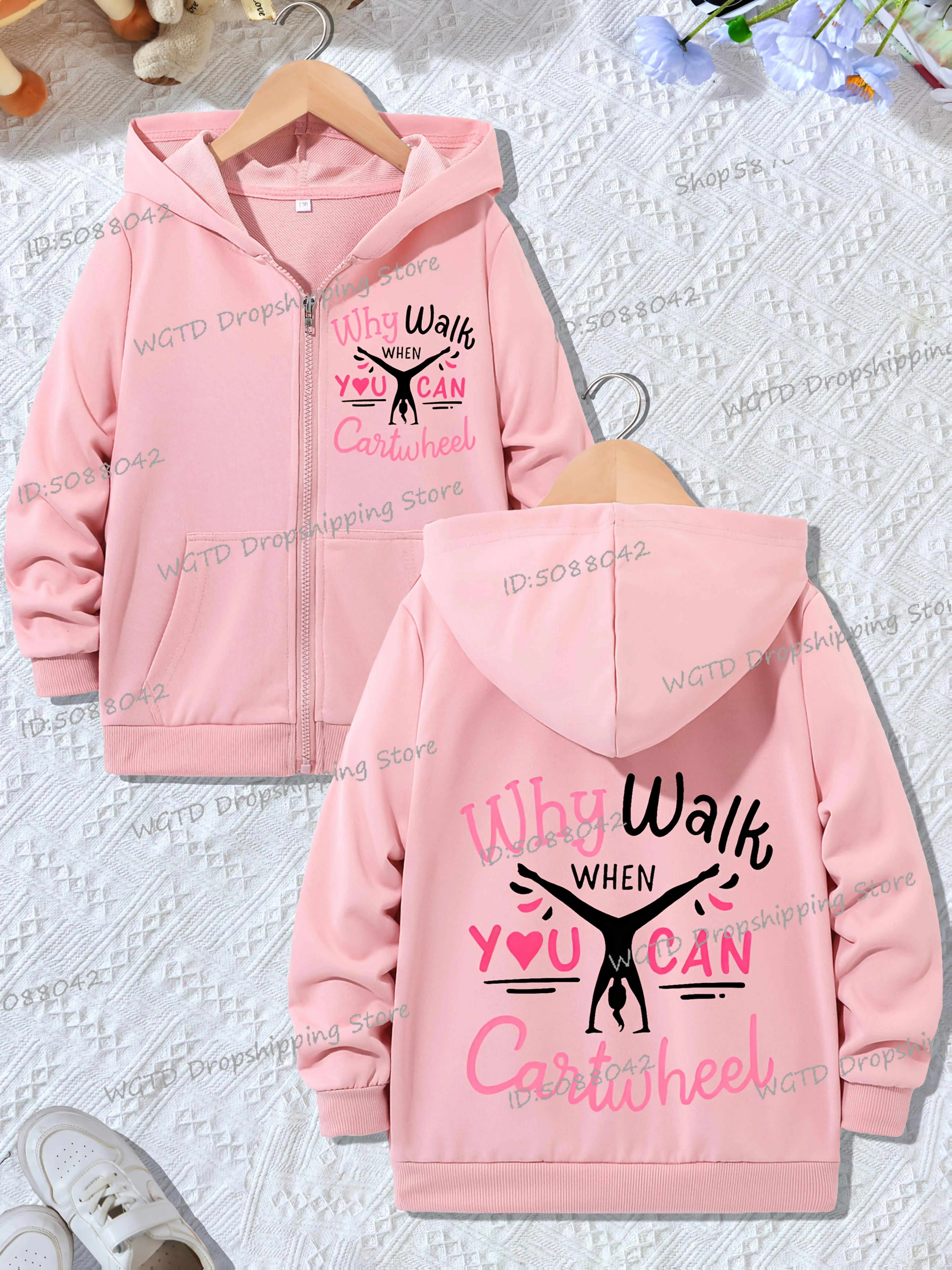 

Gymnastics Themed Hooded Jacket girls double-sided printing Zipper hoodies spring autumn long sleeve Casual Wear kids clothing