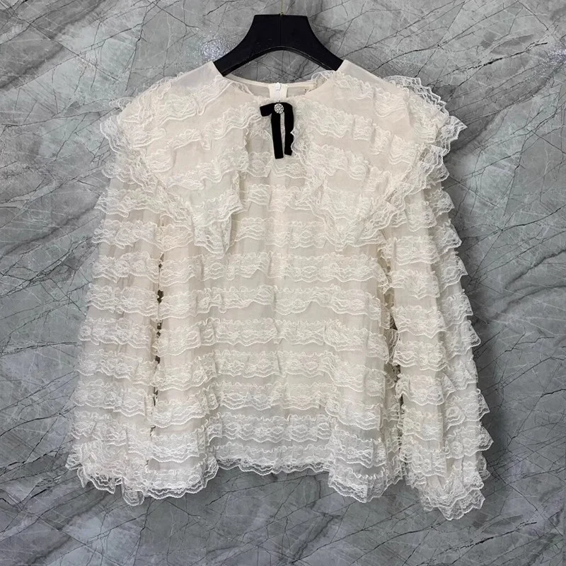 

Top Quality New Lace Blouses 2024 Spring Summer Shirts Women Cascading Ruffle Lace Flower Long Sleeve Beige Wine Red Tops Female