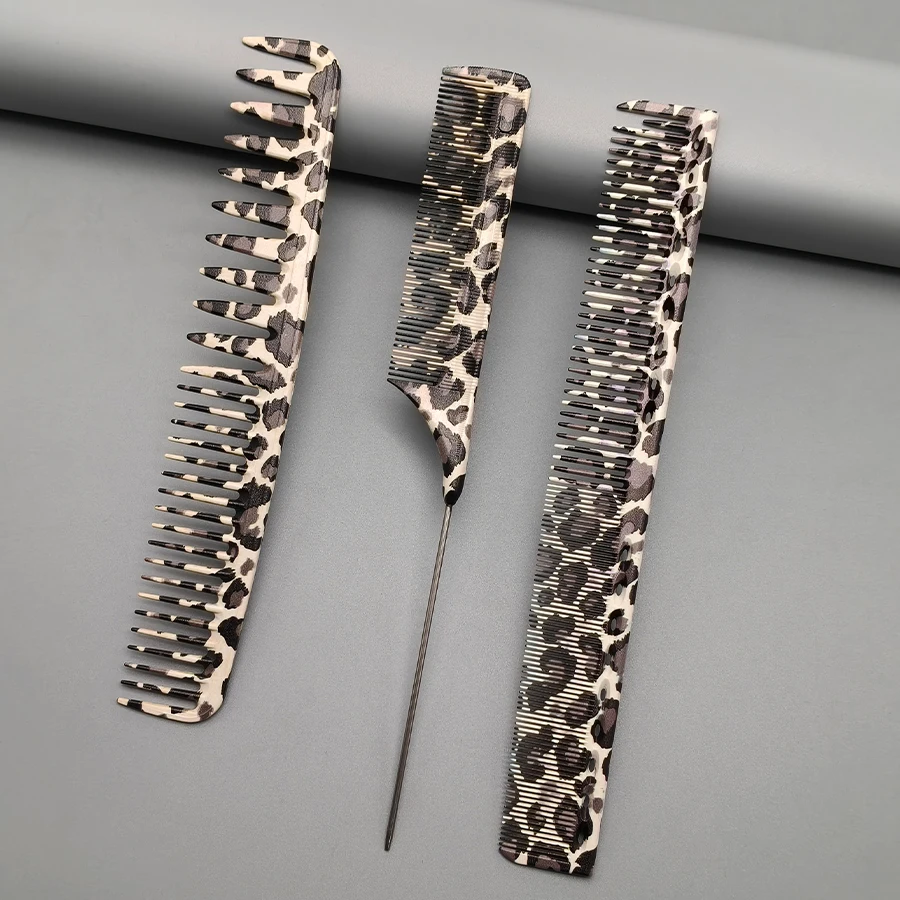 Leopard Print Hair Cutting Comb Set of Three, Useful Hair Cutting Comb, Professional Salon Styling Comb, Home Hairdressing Comb, Hairdresser's Comb, Tail Comb, Texture Comb for Oily Hair, Long Hair Comb