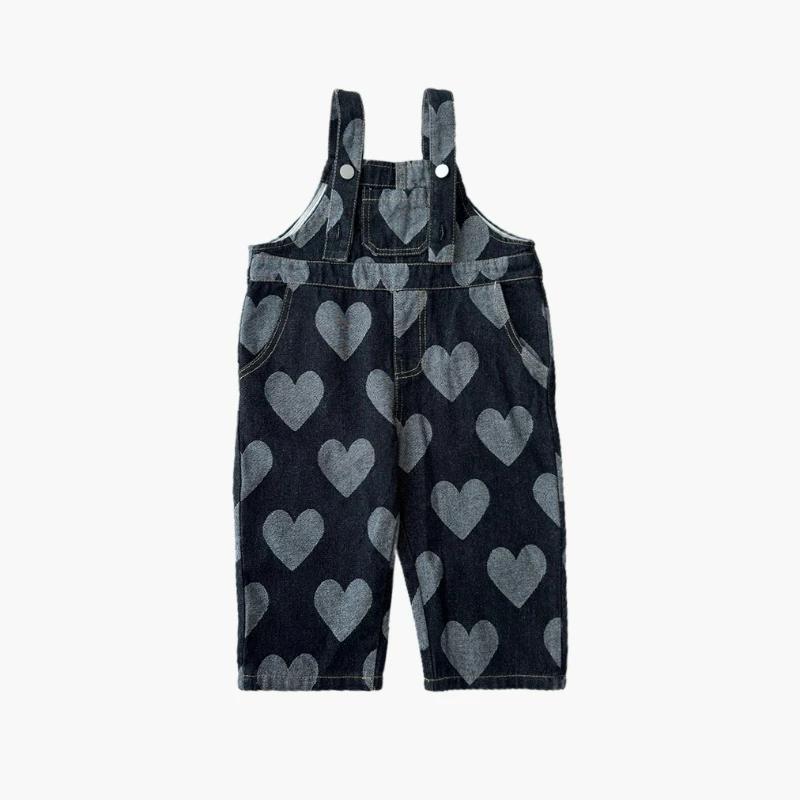 Baby Kids' Black Denim Overalls - Grey Hearts Print Unisex Jumper Romper with Buckles for Toddler 4-7 Years