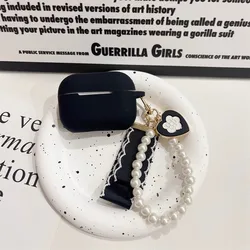 INS Cute Flower Pearl Chain Keychain For apple AirPods 4 Pro3 Case Black Silicone Earphone Case For AirPods 1 2 3 Pro2 Cover Box
