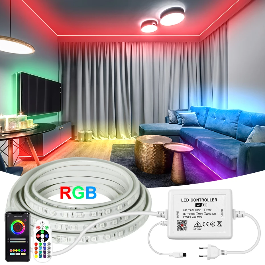 

220V RGB LED Strip Light 5050 EU Plug Waterproof IP67 Flexible Tape Tuya Smart WiFi Bluetooth Remote Control for Garden