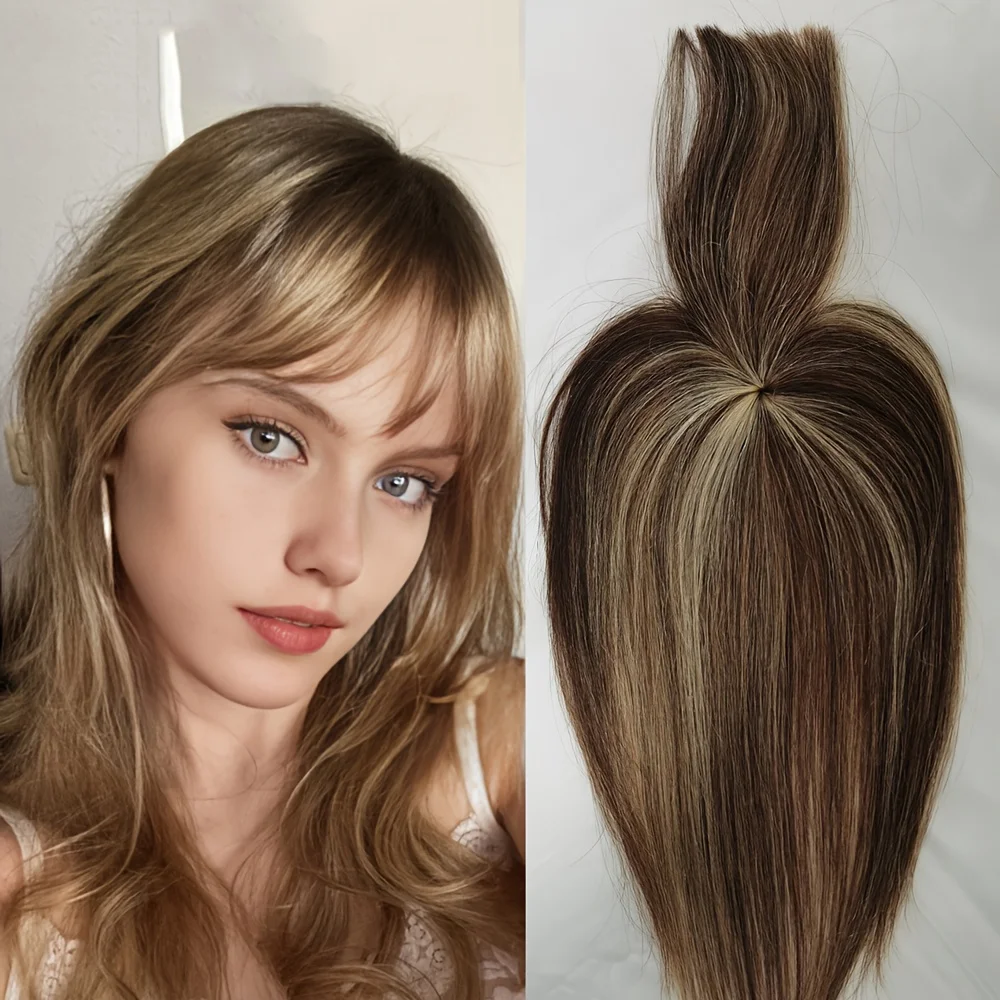 New Clip-In Bangs Hair Pieces with Straight Human Hair for Women Thinning Hair, Topper Hair Clip with Bangs, #4p613 Brown Blonde