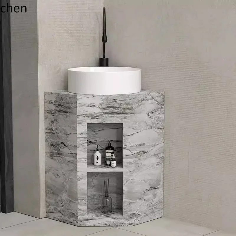 W31 – kleines Eckwaschbecken für kleine Wohnungen, dreieckiges Säulenwaschbecken, Eckwaschbecken für Badezimmer, integriertes Bodenwaschbecken aus Steinplatten