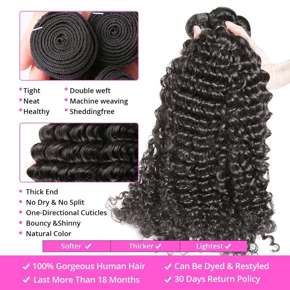 Extensions de cheveux humains Remy Deep Wave, cheveux vierges bruts, cheveux brésiliens bouclés, tissage en lot, adt, 30 po, 32 po