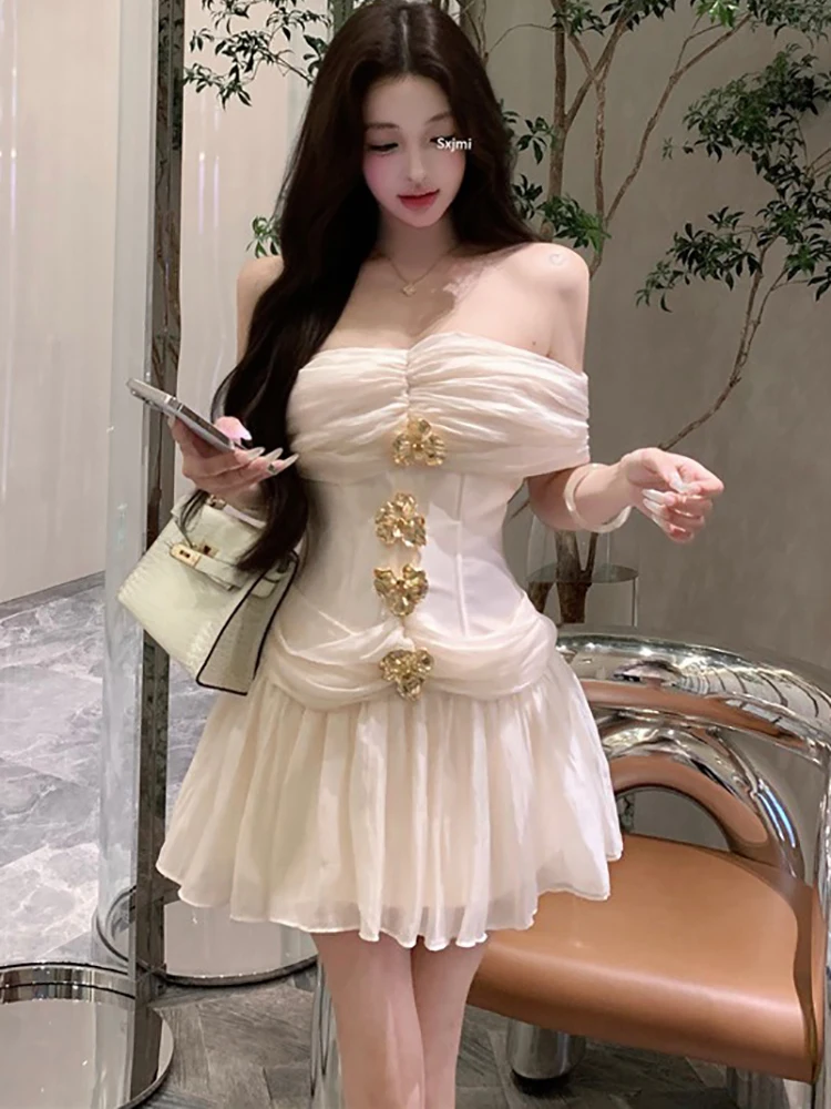 Vrouwen Solid Mesh Diamanten Chique Borst Wikkelen Sexy Mini Jurk Zomer Elegante Luxe Jurk 2025, Koreaanse Vintage Bodycon Galajurk