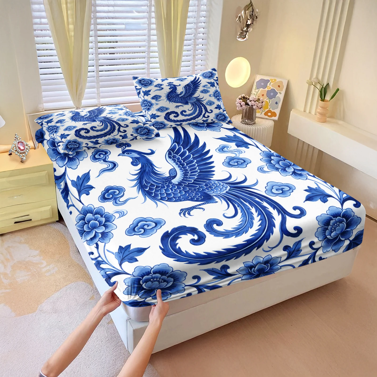 Chinese Blue And White Porcelain Phoenix Fitted Sheet Set Floral Cloud Print Elastic Mattress Cover With Pillowcases Oriental