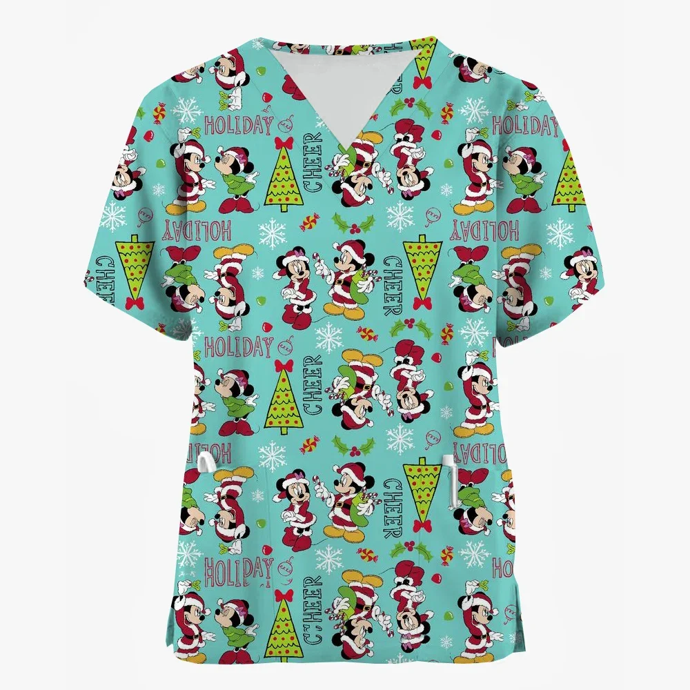 بلوزة ديزني ميكي ماوس مطبوعة للنساء، بلوزة بأكمام قصيرة ورقبة على شكل حرف V، زي ممرضة، قميص عمل مطبوع لعيد الميلاد المجيد للنساء #2