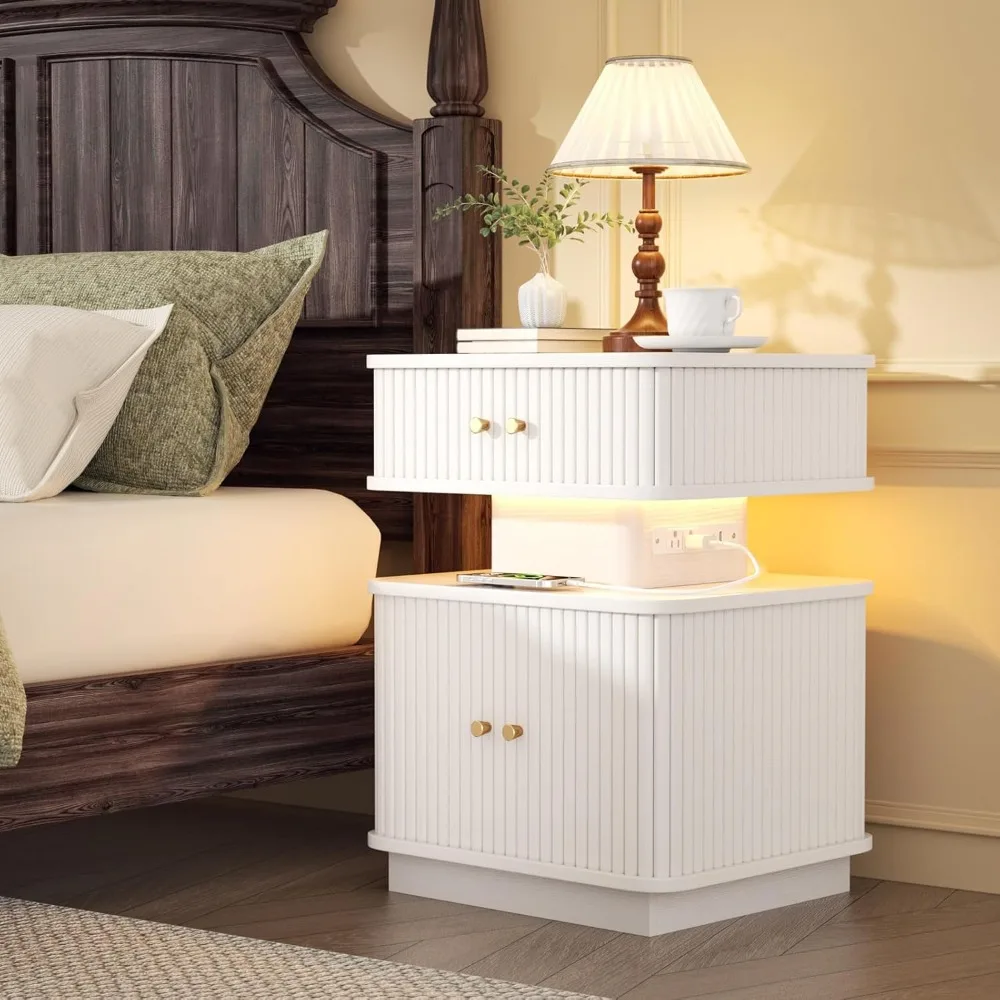

LED Modern Nightstand with Charging Station, Night Stand with 2 Drawers and Sliding Door, Curvy Edge, Small Bedside Table