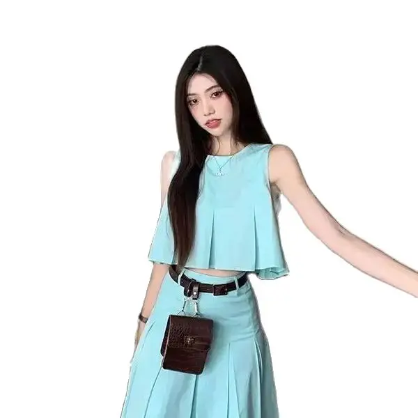 Anzug ärmellose kurze Weste hohe Taille schlank eine Linie plissiert Rock grün Farbe koreanische Mode zweiteiligen Rock setzt Nischen-Design