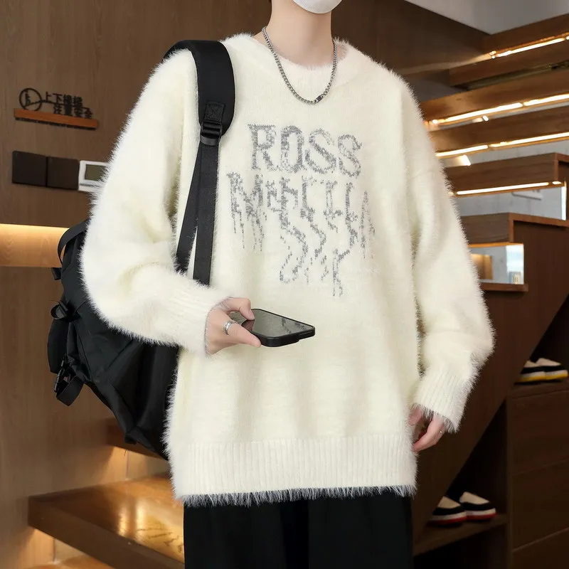 

Thiened Knitted Sweater Men's Loose Long Velvet Loose Knitted Woolen Sweater Casual Sle Comfortable Soft Nylon Fabric