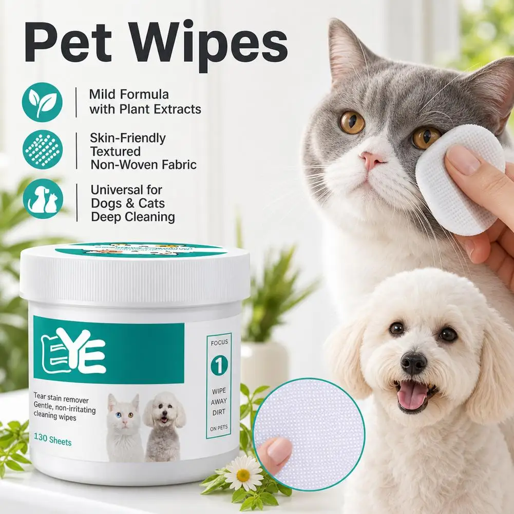 Lingettes pour les yeux des animaux domestiques, pour chiens et chats, anti-taches de larmes, tampons de coton nettoyants universels non irritants, soin doux pour chatons et chiots, 130 pièces