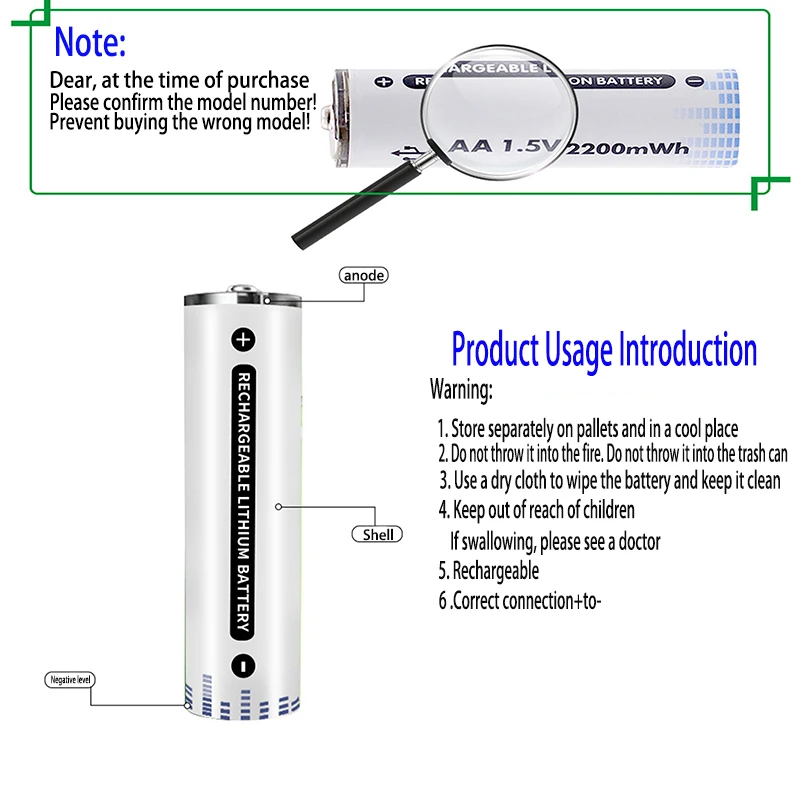 AA Rechargeable Battery 1.5V AA USB Lithium Ion Battery with Capacity 2200mWh for Romote Control LED Toy Keyboard