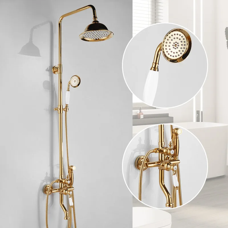 Vintage Shower System Brass Lightweight Luxury Gold Shower Head Adjustable Height Single Handle Cold Hot Water, Spray Gun
