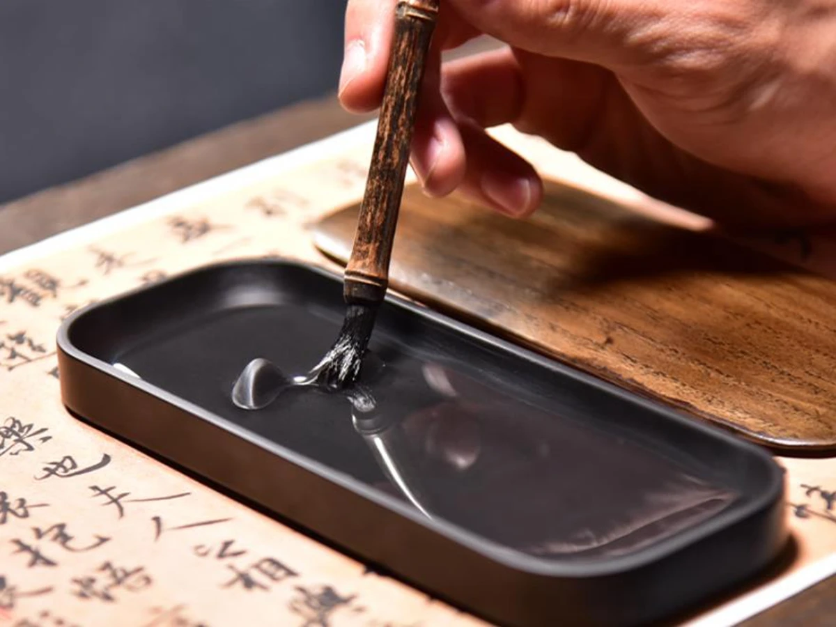 1pc Natural Handmade She Ink Stone With Cover Han Shan Inkstone Ink Brush Calligraphy Painting Tool