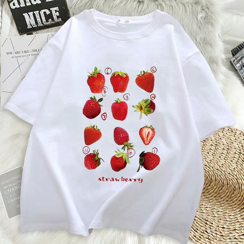 

Women T-shirt Cute Fresh Strawberries Printed Tee Shirt Summer Comfortable Loose Tops Street Fashion Female Clothes