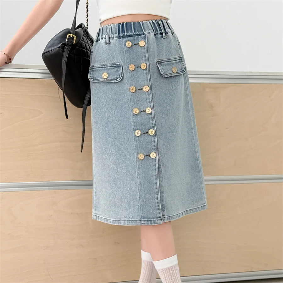 Elegant Children Summer Long Denim Skirt with Buttons for Girls Stylish Streetwear Bottoms Tweens Kids Casual Jeans Skirt 5-14T - view 2