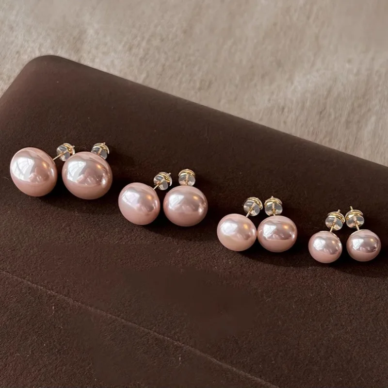 Elegant Pearl Stud Earrings Sakura Pink Button 925 Sterling Silver Hypoallergenic for Sensitive Ears Women Daily Chic Jewelry