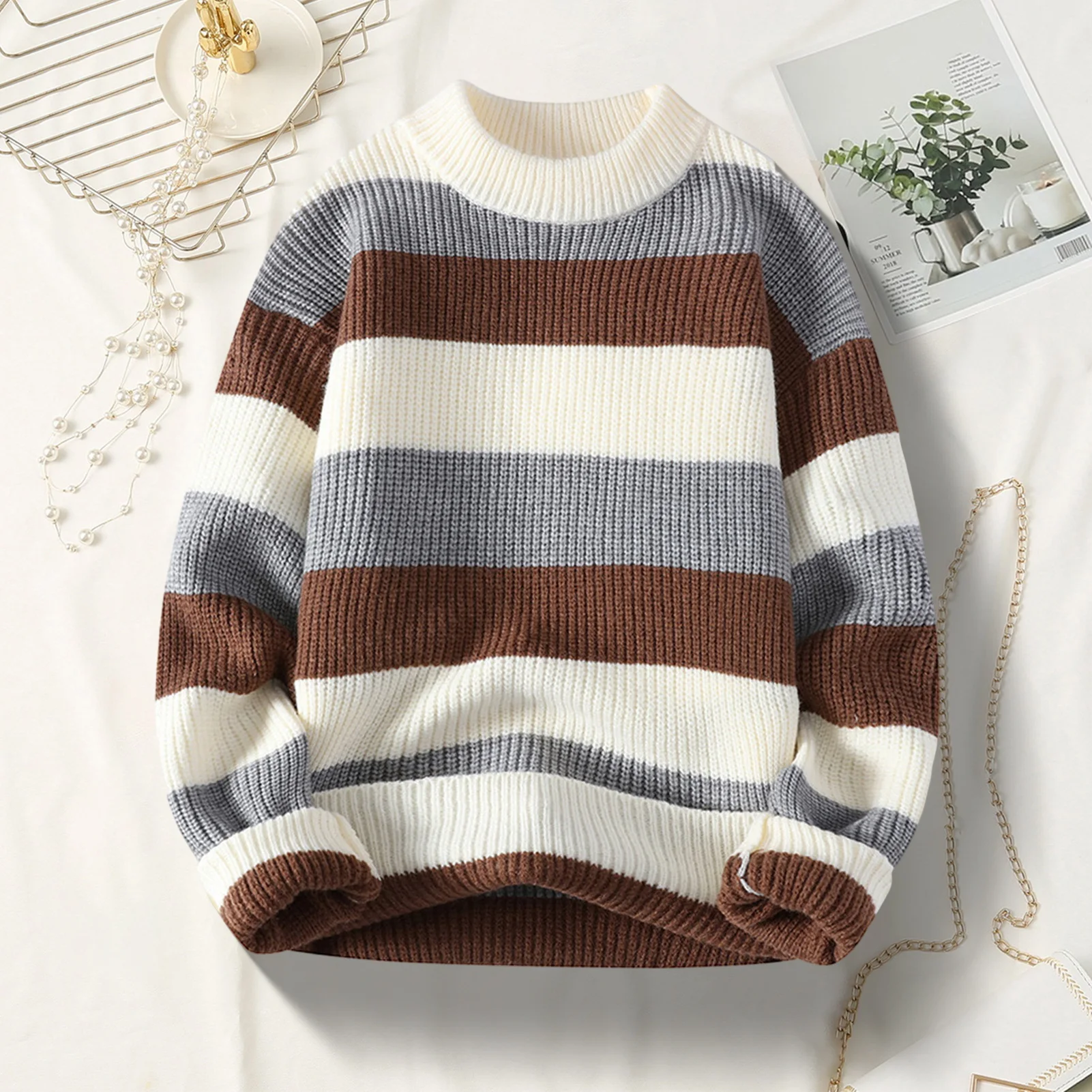 Men Sweater with Half-high Collar for Fall Warm Pullover for Wear Sports Colorblock Knitted Sweater