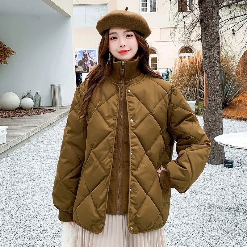 Women Stand Collar Diamond Quilted Cotton Jacket Zip Button Loose Lightweight Winter Puffer Coat