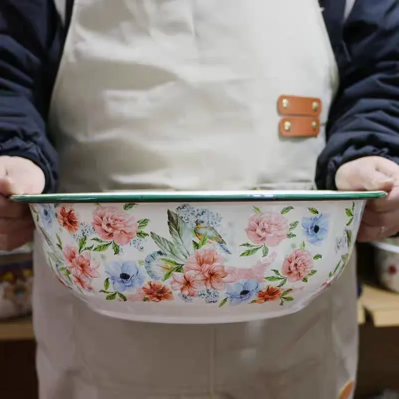 Extra Thick Crimped Enamel Basin with Flat Lid Old-fashioned Wash Basin Kitchen Vegetable Washing Bowl Sauce Drying Basin