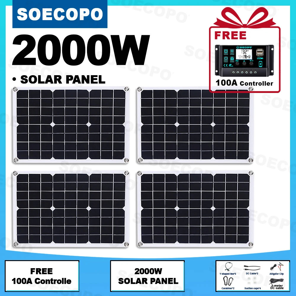 SOECOPO 2000W Solar Panel Kit 4pcs Flexible Photovoltaic System + Free 100A Controller for 12V/24V RV Boat Home Off-Grid